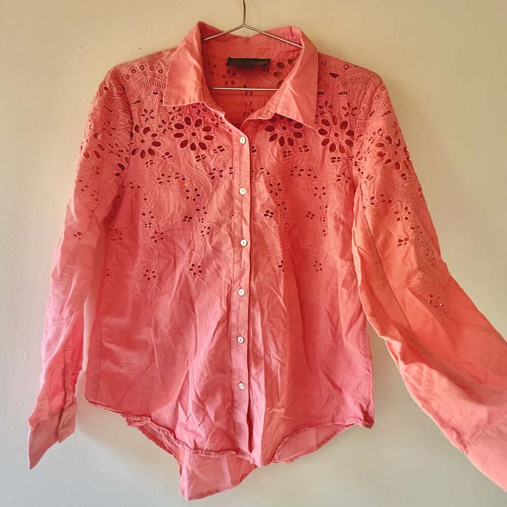 Anthropology Pink Broderie Anglaise Eyelet Embroidery Button-Down Shirt